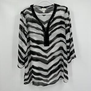 Chicos Womens Sheer Tunic Top Size 2 US L Zebra Sequin Cruise Statement Top‎